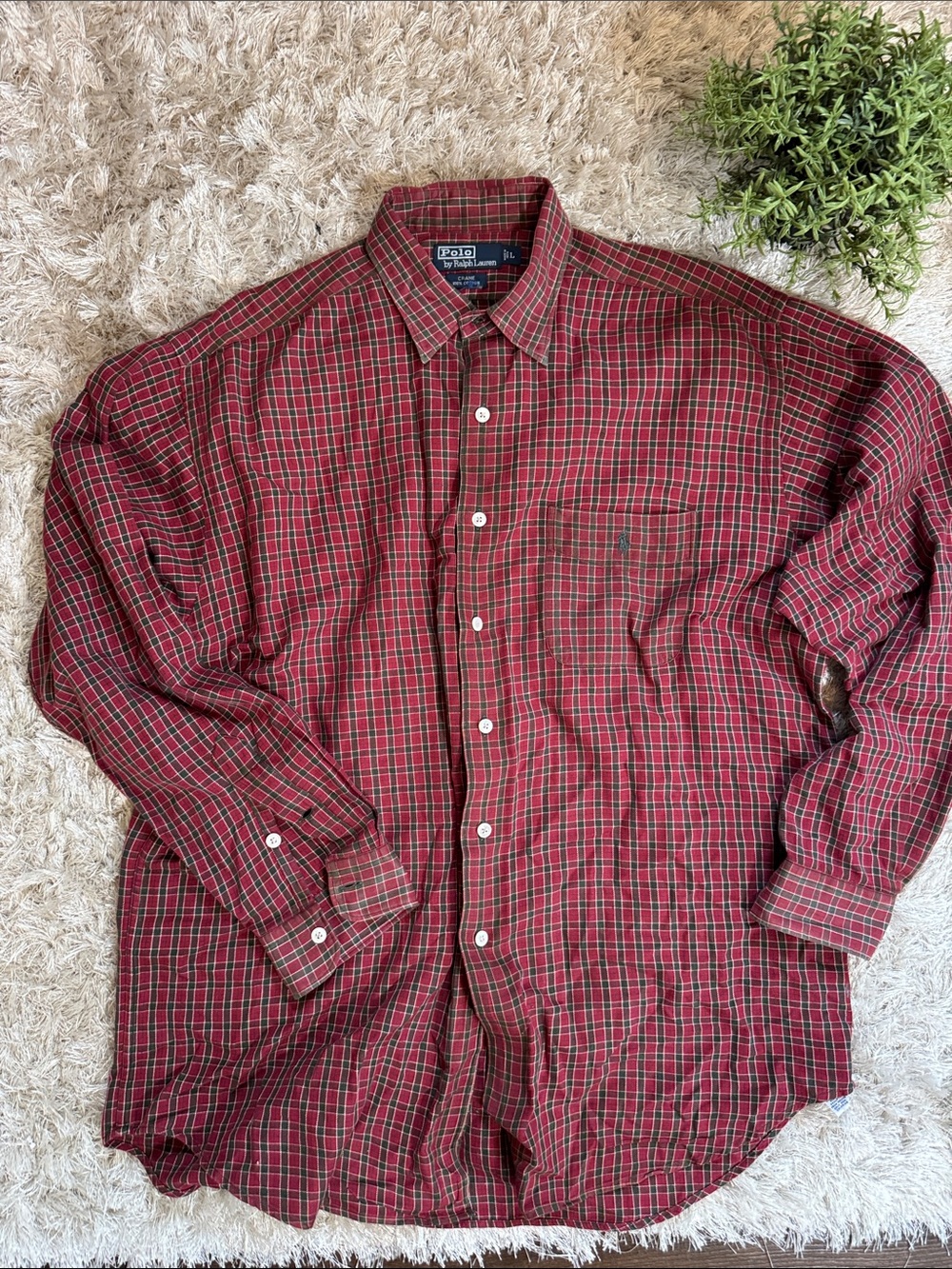 EUC Vintage Polo by Ralph Lauren Red and Green Plaid Button-Down Shirt Large